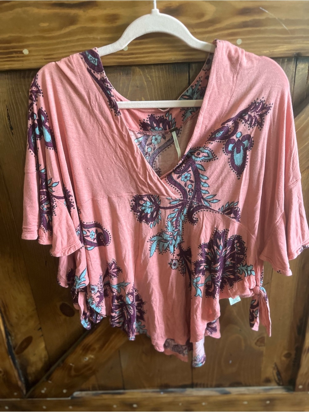 Free People Pink Floral V-Neck top with Teal Accents